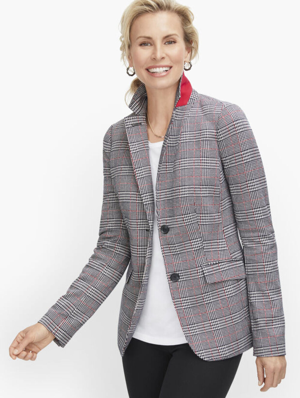 Talbots Aberdeen Knit Blazer - Glen Plaid Jacquard black red sz 14